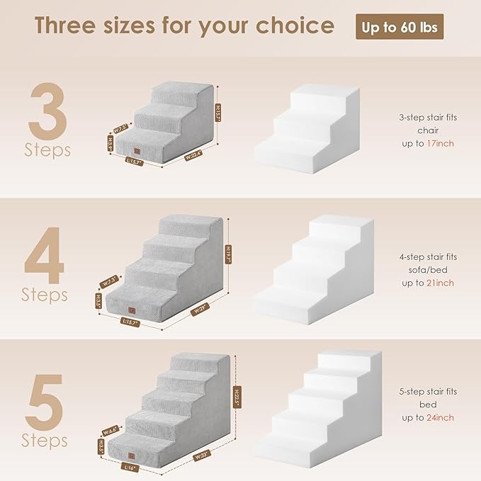 EHEYCIGA Dog Stairs for Small Dogs 15.7" H, 3-Step Dog Steps for Small Dogs and Cats, Slope Pet Steps with Non-Slip Bottom, Light Grey