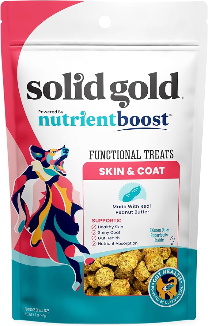 Solid Gold Healthy Dog Treats - Functional Dog Treats for Training + Skin & Coat Health - Peanut Butter Flavor with Salmon Oil Healthy Training Treats for Dogs - 5.2 oz