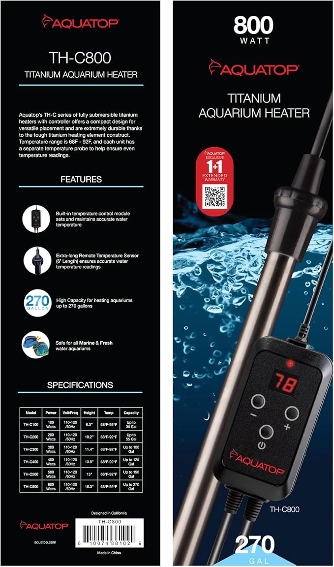 Aquatop 800W Titanium Heater with Controller - Fully Submersible For Fish Tanks Up To 270 Gallons, 68-92 Adjustable Temperature, Durable Water Heater, Aquarium Heater For Turtles & Large Fish, TH-C800