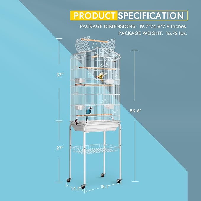 VIVOHOME 64 Inch Bird Cage with Play Top and Rolling Stand for Parrots Conures Lovebird Cockatiel Parakeets White