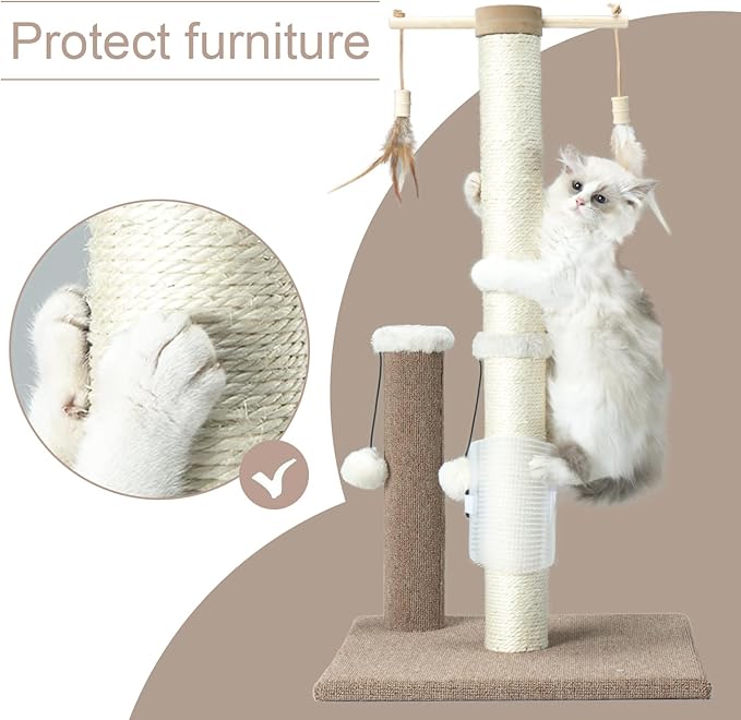 Cat Scratching Post 30in Tall Sisal Carpet Vertical Scratch Posts for Indoor Cats and Kittens,with Hanging Ball and Bursh Beige