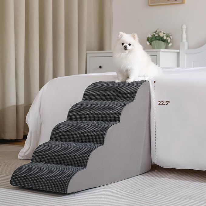 Dog Stairs for High Beds, 5-Step Dog Stairs for Small Dogs and Cats High Density Foam Dog Steps for Couch & Bed, Pet Stairs with Non-Slip Bottom for Doggies, Old Dogs and Injured Pets, Grey