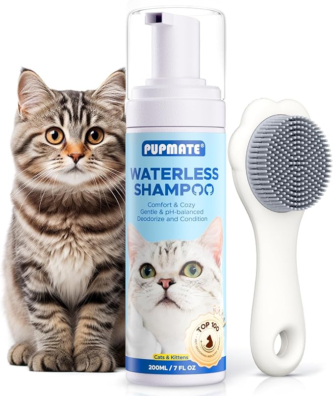 Waterless Cat Shampoo with Cat Brush - No Rinse Foam Dry Shampoo | Deep Cleansing Relieves Itchy Skin & Shedding | Gentle, pH-Balanced for Kittens Sensitive Skin | Specifically for Cat Bath | 7 oz