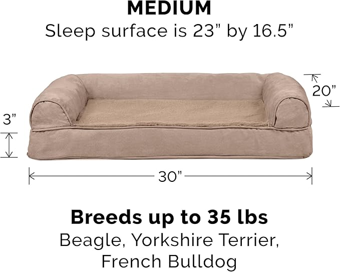 Furhaven Orthopedic Dog Bed for Medium/Small Dogs w/ Removable Bolsters & Washable Cover, For Dogs Up to 35 lbs - Plush & Suede Sofa - Almondine, Medium