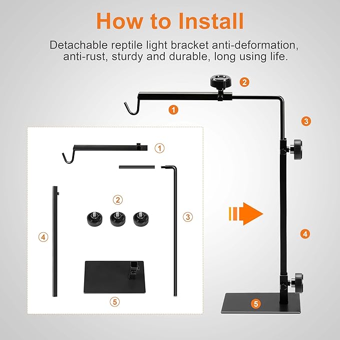 Simple Deluxe Reptile Lamp Stand Metal Floor Light Holder Basking Lamp-Holder Lamp-Support Bracket, Height Adjustable for Glass Terrarium Heating-Light, Amphibian and Aquarium Tank