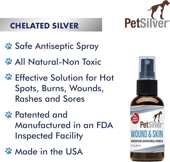 PetSilver Wound & Skin Spray with Patented Chelated Silver, Allergy Relief for Dogs Itching, Hot Spot Treatment for Dogs, Cat and Dog Wound Care, Natural Skin Soother for Dogs, USA, 2 fl. oz.