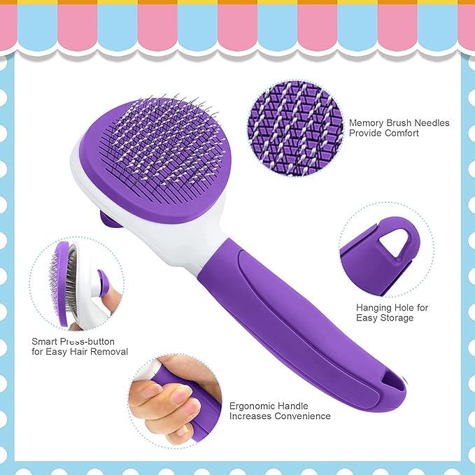 Cat Brushes for Indoor Cats, Dog Brush for Shedding with Metal Cat Comb, Self Cleaning Pet Hair Brush with Release Button for Grooming Kitten(Purple)