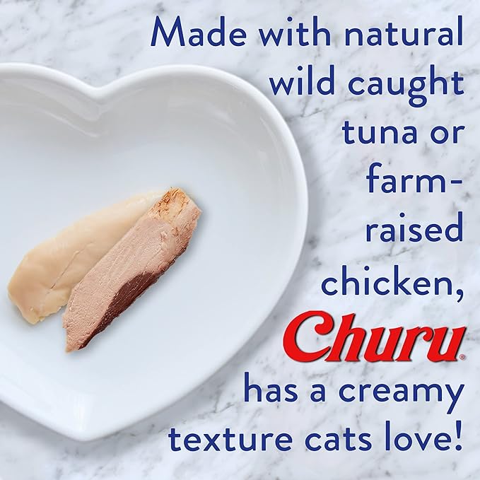 INABA Churu Cat Treats, Grain-Free, Lickable, Squeezable Creamy Purée Cat Treat/Topper, 25 Tuna & 25 Chicken