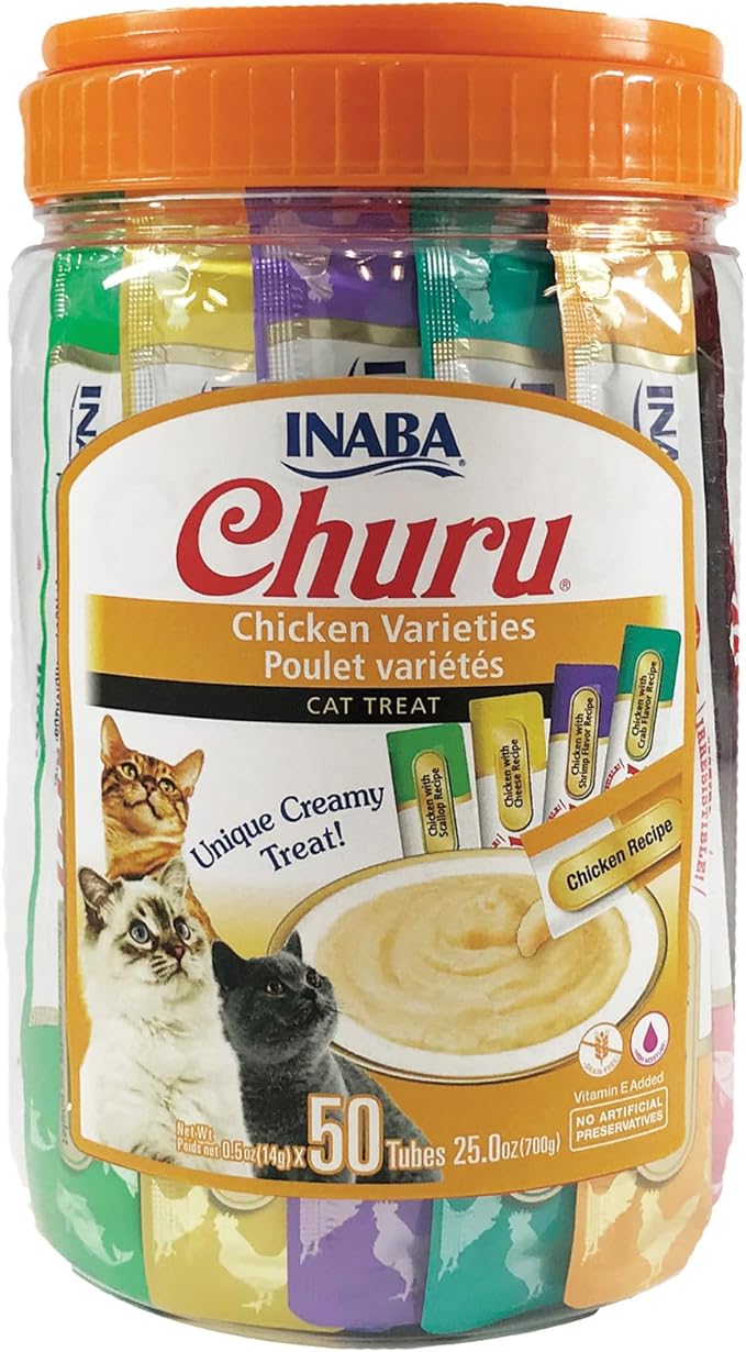 INABA Churu Cat Treats, Grain-Free, Lickable, Squeezable Creamy Purée Cat Treat/Topper with Vitamin E & Taurine, 0.5 Ounces Each Tube, 50 Tubes, Chicken Variety