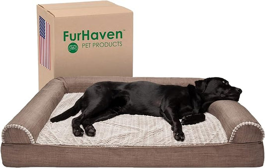 Furhaven Orthopedic Dog Bed for Large Dogs w/ Removable Bolsters & Washable Cover, For Dogs Up to 125 lbs - Luxe Faux Fur & Performance Linen Sofa - Woodsmoke, Jumbo Plus/XXL