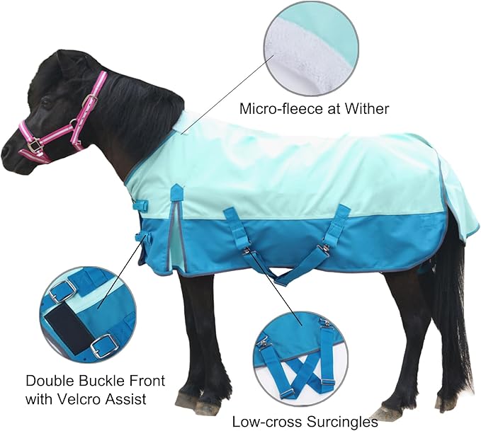 Mini Horse/Pony/Foal/Miniature Size 36"-51" Lightweight Waterproof & Breathable 1200 Denier Turnout Blanket with No Filling Turquoise 42"