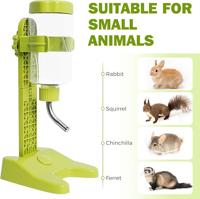 Pet Standing Water Dispenser Top Fill Dog Water Bottle Dispenser with Stand Leakproof Pet Slow Water Bottle for Small Animals, 13oz, BPA Free, Adjustable Height, Green