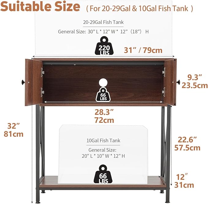 20-29 Gallon Aquarium Stand with Cabinet, 20 Gallon Long Fish Tank Stand with 31''L * 12''W Tabletop, Double Heavy Metal Stand with Stable Structure, Adjustable Table Feet - Walnut Brown