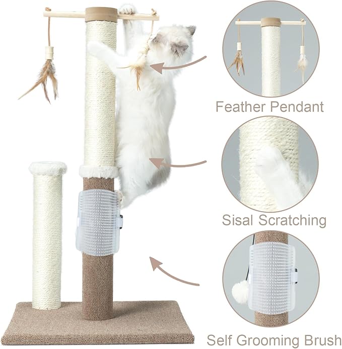 Cat Scratching Post 30in Tall Sisal Carpet Vertical Scratch Posts for Indoor Cats and Kittens,with Hanging Ball and Bursh Beige