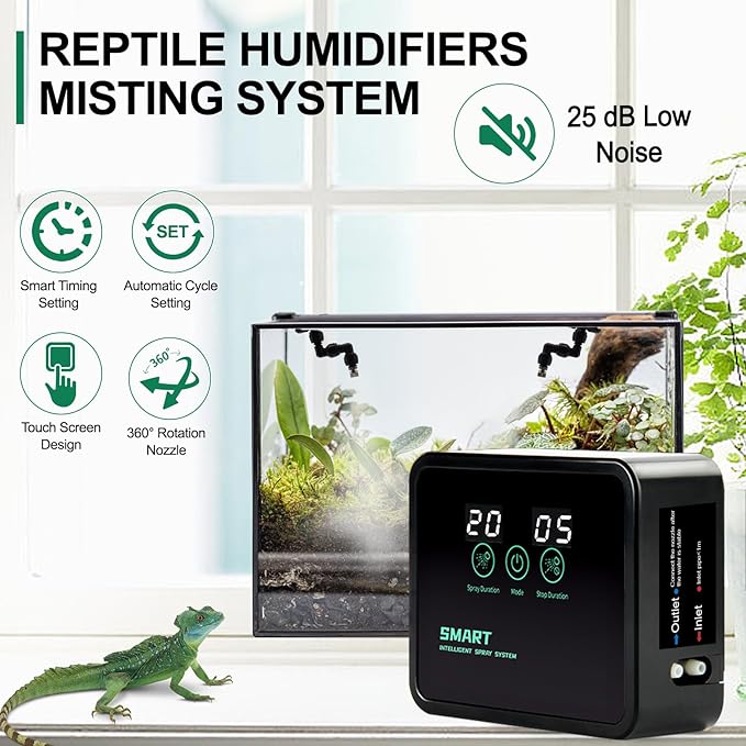Reptile Humidifiers Smart Misting System for Reptile Terrariums, Reptile Mister Automatic with Timer, 360° Adjustable Misting Nozzles for Chameleons, Snake, Frog, Turtle, Lizard