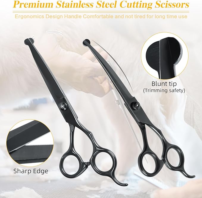 Dog Grooming Scissors, Maxshop Heavy Duty Titanium Pet Grooming Trimmer Kit, Professional Thinning Shears, Curved Scissors with Comb for Dogs and Cats (Black Set of 4)