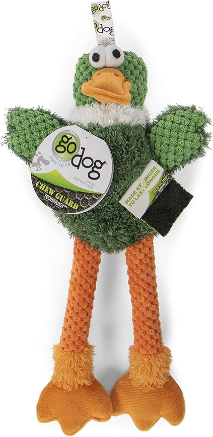 goDog Checkers Skinny Duck Squeaky Plush Dog Toy, Chew Guard Technology - Green, Small