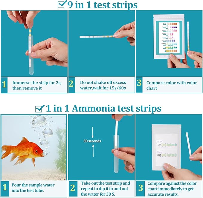 10 in 1 Ammonia Water Test Kit for Aquarium,150 Strips Freshwater Saltwater Fish Tank Test Strips for Testing Ammonia,pH,Hardness,Nitrite,Nitrate,and More