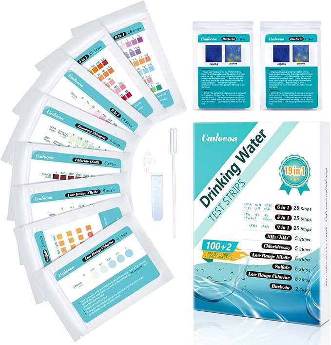 19 in 1 Water Test Kit - 100 Strips + 2 Bacteria Tests - Home Water Quality Test Strips for pH, Hardness, Chlorine, Lead, Iron, Copper, Nitrate, Nitrite, and More
