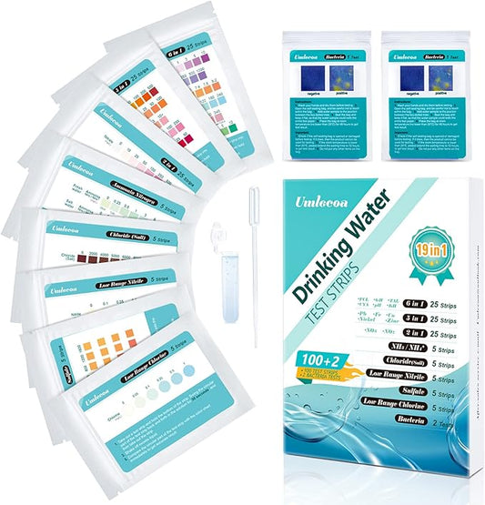 19 in 1 Water Test Kit - 100 Strips + 2 Bacteria Tests - Home Water Quality Test Strips for pH, Hardness, Chlorine, Lead, Iron, Copper, Nitrate, Nitrite, and More