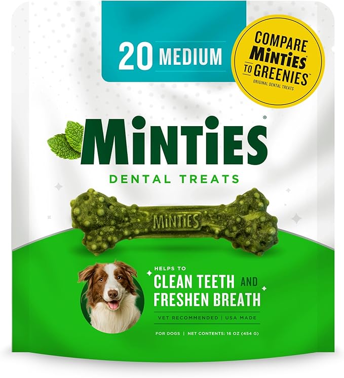 Minties Dental Chews for Dogs, 20 Count, Vet-Recommended Mint-Flavored Dental Treats for Medium Dogs 25-50 lbs, Dental Bones Clean Teeth, Fight Bad Breath, and Removes Plaque and Tartar