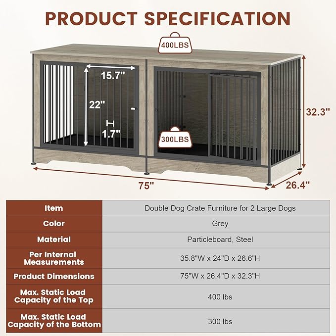 75 Inch Double Dog Crate Furniture for 2 Large Dogs with Trays, 3-in-1 Grey Large Double Dog Kennel TV Stand with Divider