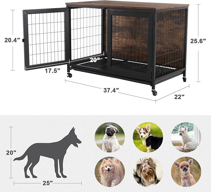 CO-Z 37 Inch Furniture Dog Crate with Wheels, 110 lb Pet Puppy Dogs Indoor Furniture Style Wooden Kennel, Heavy Duty Pet Cage House for Small Medium Large Dogs, Triple-Door Side End Table Dog House