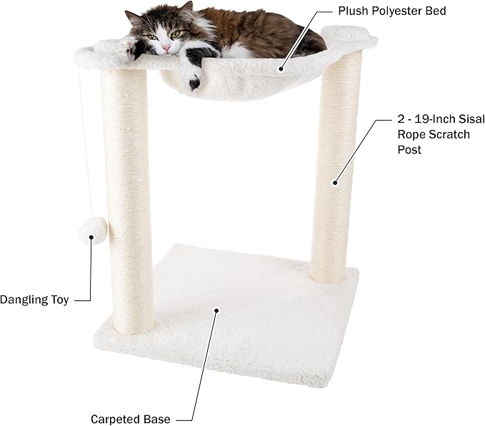 19-Inch Cat Scratching Post with Hammock ? Sisal Fabric and Carpet Small Cat Tree, Hanging Ball Toy for Adult Cats and Kittens by PETMAKER (White)