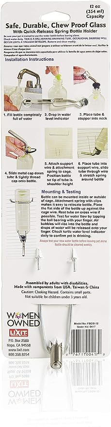 Lixit Chew Proof Flat Sided Water Bottles for Rabbits, Ferrets, Rats, Birds, Hamsters, Guinea Pigs, Chinchillas Gerbils and Other Small Animals (12oz)