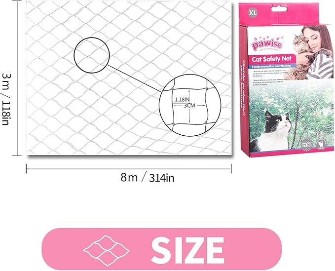 PAWISE Cat Safety Net, Cat Balcony Net Pet Anti-Fall Netting for Window Stairs,Dog Fence Nets Transparent （8m x 3m）