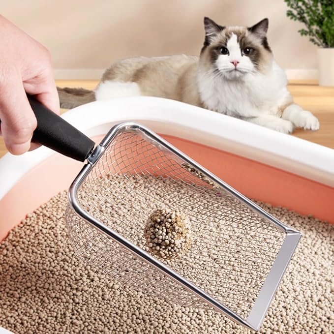 Cat Litter Scoop,Sturdy Litter Cleaner Corner Shovel,Stainless Steel Mesh Litter Shovel,Easy to Clean Reptile Terrarium Sand Waste,Beach Shovel(Black)