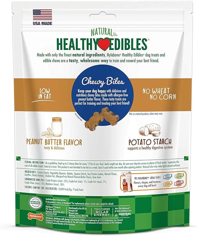Nylabone 3 Pack of Peanut Butter Flavor Natural Healthy Edibles Chewy Bites, 12 Ounces Each, Grain-Free, Made in The USA