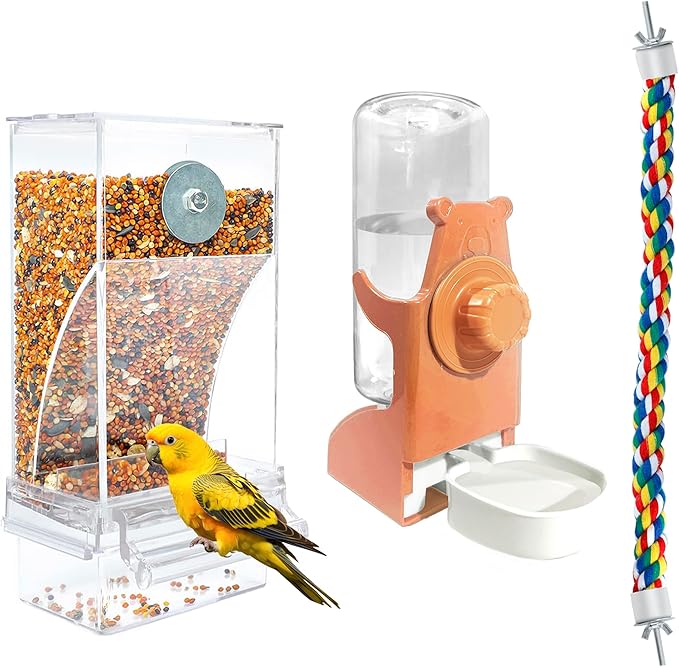 No Mess Bird Feeders with Water Dispenser and 15.7'' Bird Rope Perche, Climbing Standing Bungee Parrot Swing Toys, Automatic Transparent Acrylic Food Container Drinker Bird toy for Cage