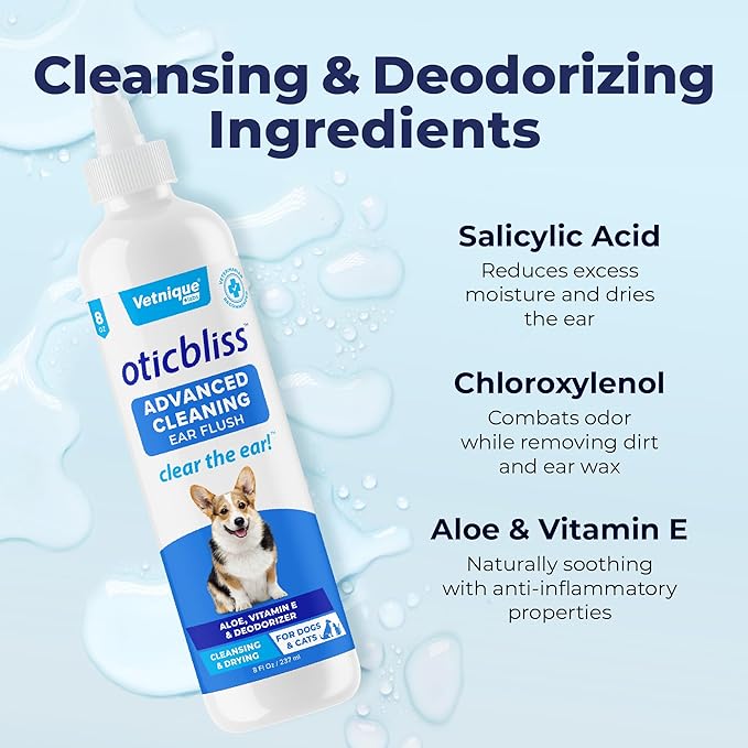 Vetnique Labs Oticbliss Ear Cleaner Wipes/Flushes for Dogs & Cats with Odor Control and Itch Relief Reduces Head Shaking - Clear The Ear