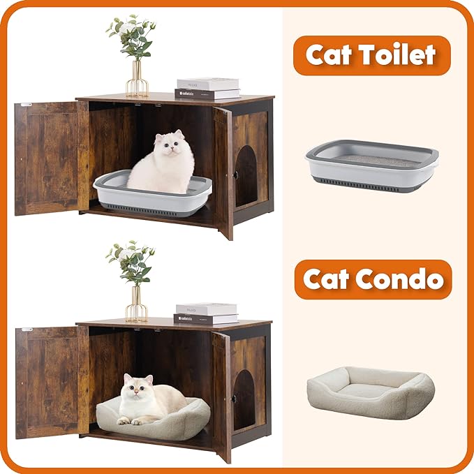 DWANTON Litter Box Enclosure, Cat Litter Box Furniture Hidden, Reversible Entrance Can Be on Left or Right Side, Wooden Cat Washroom Indoor, Fit Most of Litter Box, Rustic Brown, 27.6 Inches