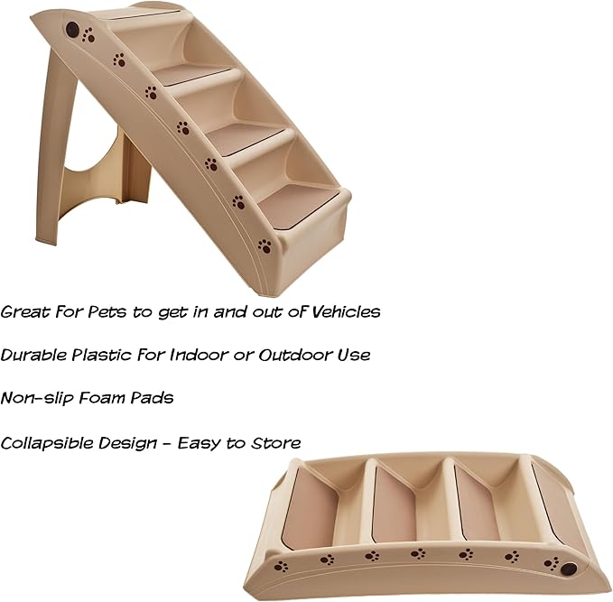 Pet Stairs - Home and Vehicle Foldable Nonslip Dog Steps with 4-Step Design - For Puppies, Kittens, and Other Small Pets by PETMAKER (Tan)