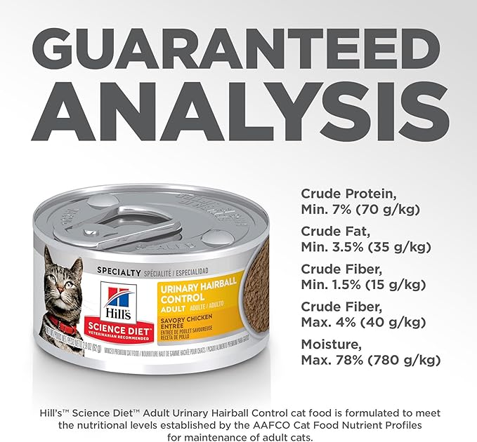 Hill's Science Diet Urinary Hairball Control, Adult 1-6, Urinary Track Health & Hairball Control Support, Wet Cat Food, Chicken Minced, 2.9 oz Can, Case of 12