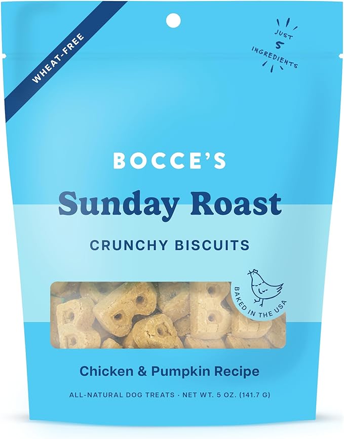 Bocce's Bakery Oven Baked Sunday Roast Treats for Dogs, Everyday Wheat-Free Dog Treats, Made with Real Ingredients, Baked in The USA, All-Natural Chicken & Pumpkin Biscuits, 5 oz