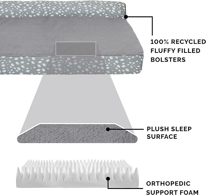 Furhaven Orthopedic Dog Bed for Large Dogs w/ Removable Bolsters & Washable Cover, For Dogs Up to 95 lbs - Plush & Almond Print L Shaped Chaise - Gray Almonds, Jumbo/XL