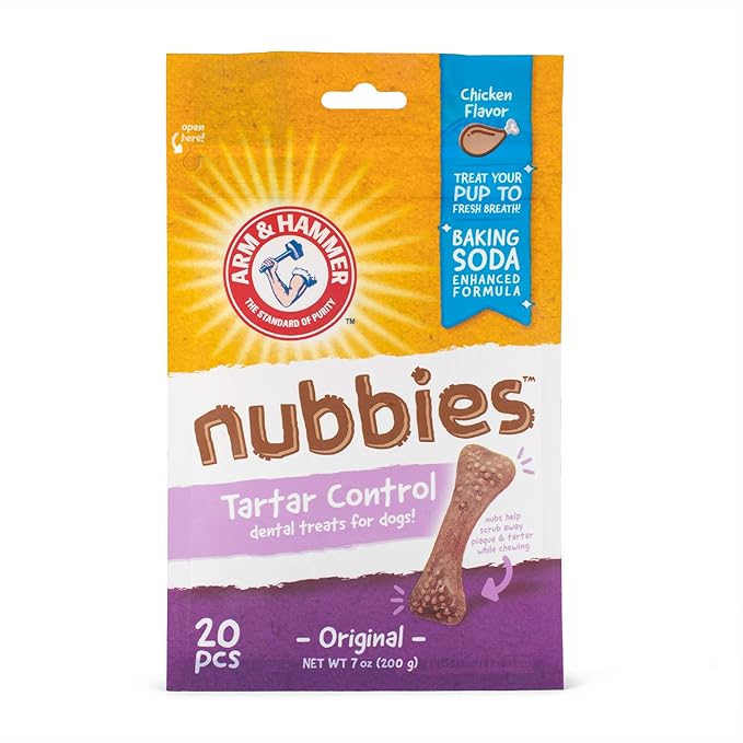 Arm & Hammer for Pets Nubbies Dental Treats for Dogs | Dental Chews Fight Bad Breath, Plaque & Tartar Without Brushing | Chicken Flavor, 20 Count- 24 Pack Dental Dog Chews