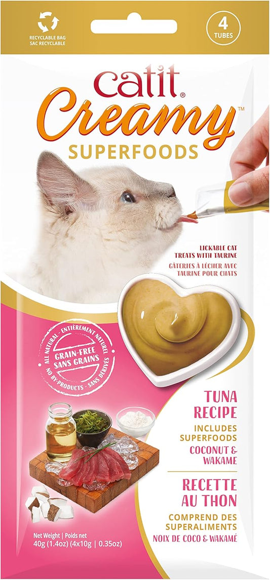 Catit Creamy Superfood Lickable Cat Treat – Hydrating and Healthy Treat for Cats of All Ages - Tuna with Coconut & Wakame, 4-Pack