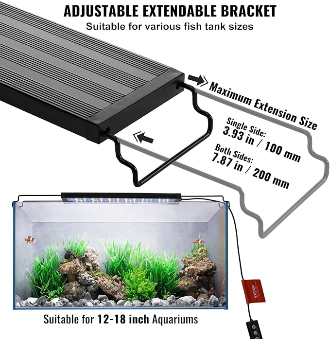 VEVOR Aquarium Light, 10W Full Spectrum Fish Tank Light with 5 Levels Adjustable Brightness, Adjustable Timer and Power-Off Memory, with ABS Shell Extendable Brackets for 12"-18" Freshwater Fish Tank