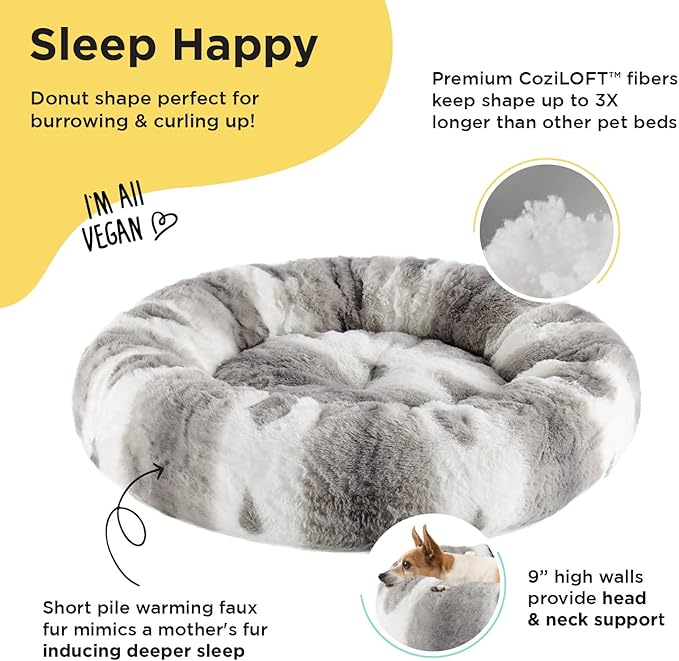 Best Friends by Sheri Patterned Lux Faux Fur Calming Large Donut Dog Bed, Gray, 30" x 30"