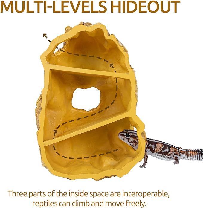 REPTIZOO Reptile Hide Hookable Multi-levels Hideout Resin Reptile Cave Bearded Dragon Hideout Reptile Terrarium Accessories Decor for Reptiles, Amphibians, Snakes, Lizards,Leopard Gecko