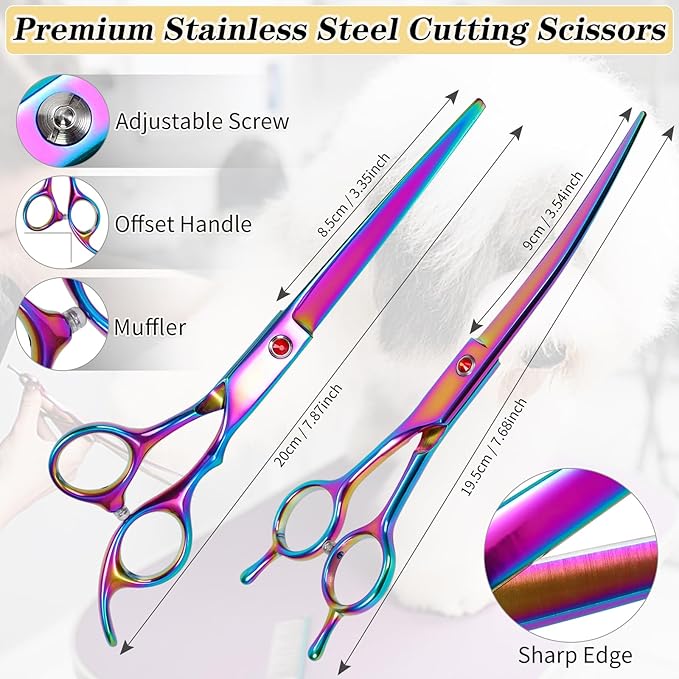 Dog Grooming Scissors, Maxshop Heavy Duty Titanium Pet Grooming Trimmer Kit, Professional Thinning Shears, Curved Scissors with Comb for Dogs and Cats (Colorful Set of 5)