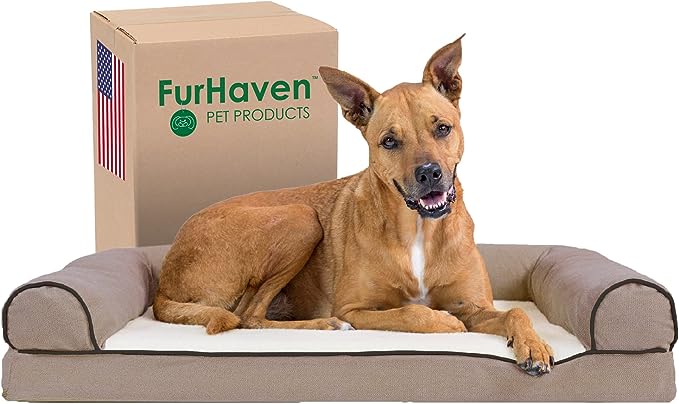 Furhaven Orthopedic Dog Bed for Large/Medium Dogs w/ Removable Bolsters & Washable Cover, For Dogs Up to 55 lbs - Sherpa & Chenille Sofa - Cream, Large