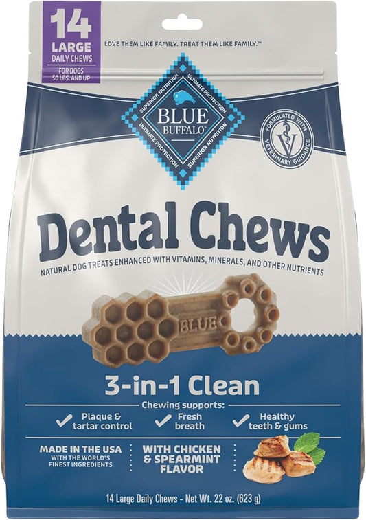 Blue Buffalo Dental Chews Large Natural Dog Treats, Chicken & Spearmint 22-oz Bag (14 Count)