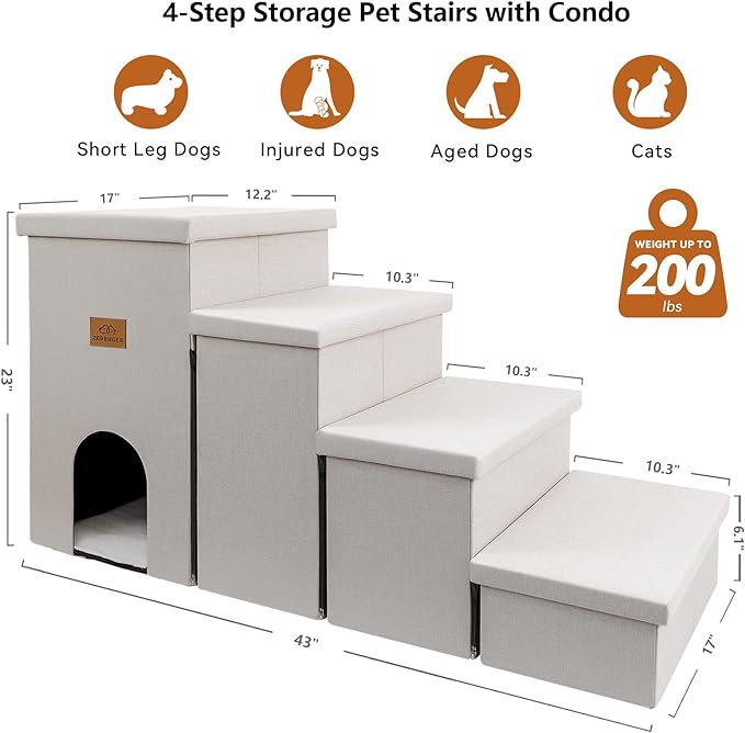 Dog Stairs, Dog Steps for High Beds 23" H, Folding Pet Stairs for Small Medium or Large Dogs Puppy with Storage for Bed and Couch, Dog Ramp for Car Hold Up to 200 lbs (Beige Gray, 4 Steps with Condo)