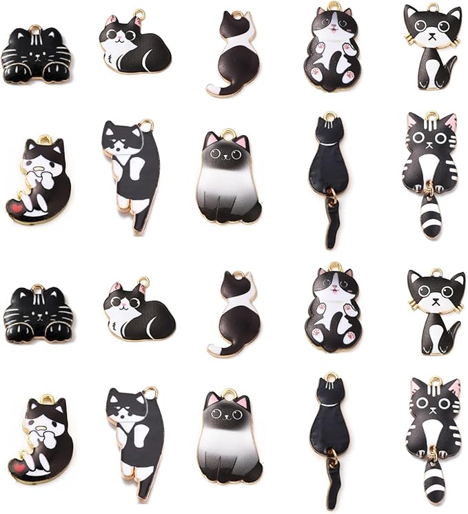 LiQunSweet 20 Pcs 10 Styles Assorted Enamel Flatback Animal Pet Charms Black Cat Kitten Charms for DIY Bracelet Necklace Jewelry Making Finding