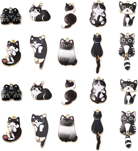 LiQunSweet 20 Pcs 10 Styles Assorted Enamel Flatback Animal Pet Charms Black Cat Kitten Charms for DIY Bracelet Necklace Jewelry Making Finding